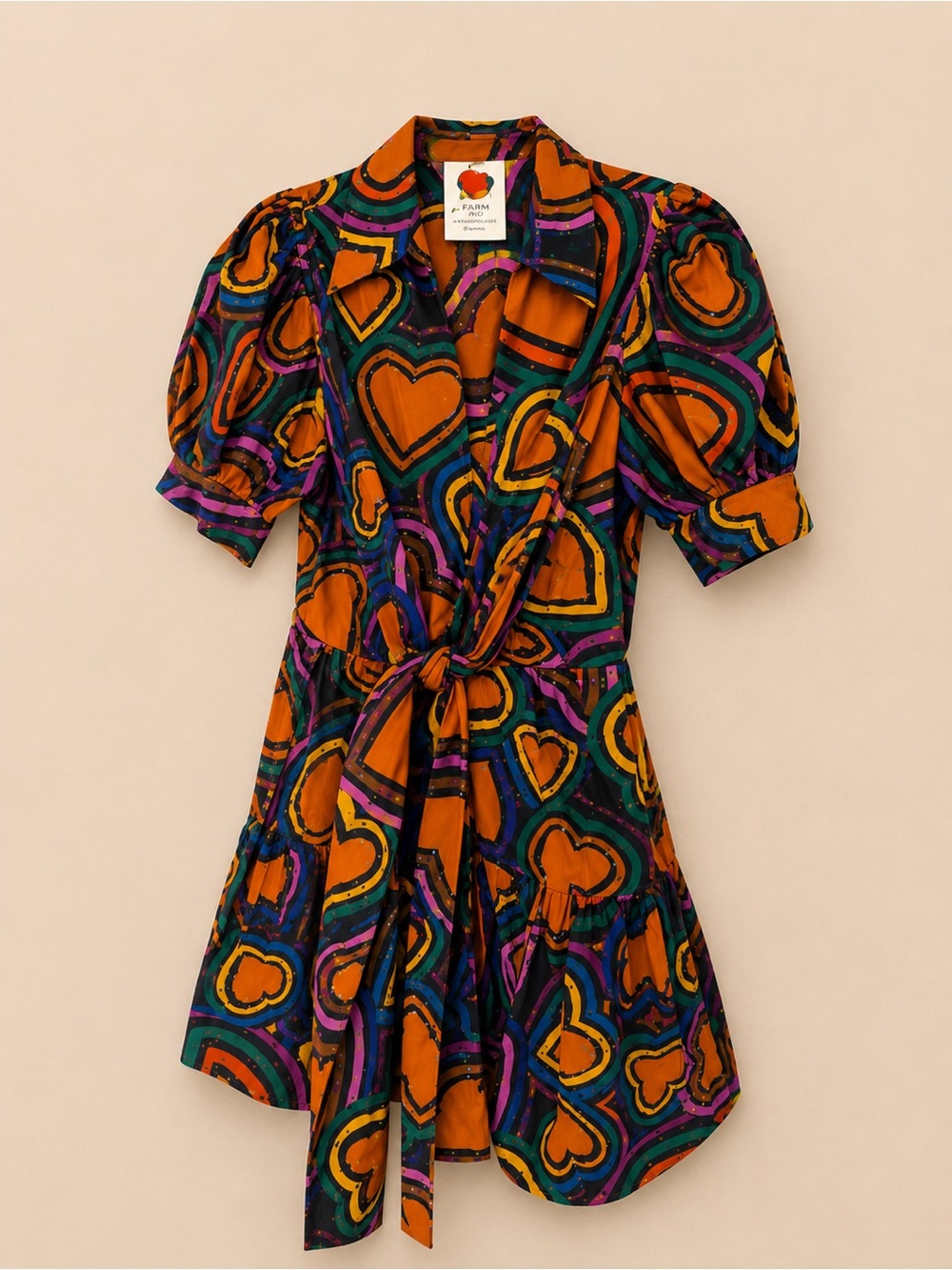 Farm Rio Anthropologie Rainbow Heart Bow-Front Mini Dress XS